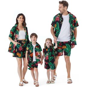 PATPAT Family Matching Outfits Hawaiian Mommy and Me Beach Tropical Plant Allover Flower Print Shirt and Shorts Set