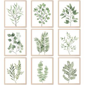 Tevxj 9PCS Botanical Plant Wall Art Prints Green Plant Wall Decor Boho Herb Wall Decor Pictures Minimalist Wall Art Photo Prints for Living Room Kitchen Leaves (8"x10", Unframed)