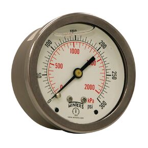 Winters 2-1/2" Dial Size, Liquid Filled Industrial Pressure Gauge, Brass Internals, 304 Stainless Steel Case, Dual Scale 0-300 psi/kPa, 1.5% Acc, 1/4" NPT Back Mount, Glycerin Filled Pressure Gauge