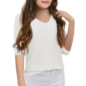 Girls Eyelet Long Sleeve Shirts Kids Casual V Neck Solid Blouse Tops 5-14 Years