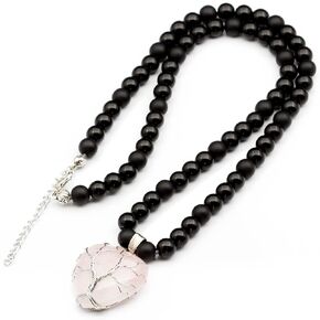 ElisaJewelryArt - Women's Natural Heart Rose Quartz Pendant Necklace Black Onyx Beaded Necklace Genuine Gemstone Peace Stone Clasp Closure Necklace Unisex Necklace (22, Rose Quartz)