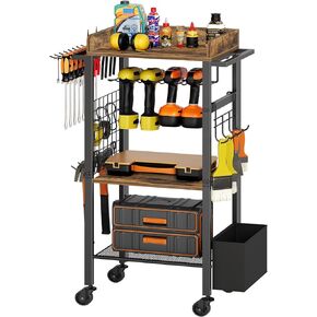 عربة تنظيم الأدوات الكهربائية، 4 حامل مثقاب مع صندوق أدوات، حامل أدوات المرآب رف رف المثقاب مع خطافين جانبيين، متدحرج عالي التحمل، بني ريفي UR02BR in Kuwait