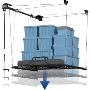 FLEXIMOUNTS Garage Lifting Metal Rack, 4x4 Ft Overhead Garage Storage Racks, Adjustable Heavy-Duty Ceiling Organization System, 300lbs Weight, Satin Black