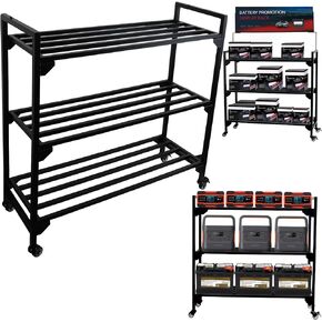 Battery Rack, Car Battery Rack, Battery Display Rack, Rolling Battery Shelf, Heavy Duty Battery Stand with Wheels, Workshop Shelving, Home Garage Metal Rack Organizer