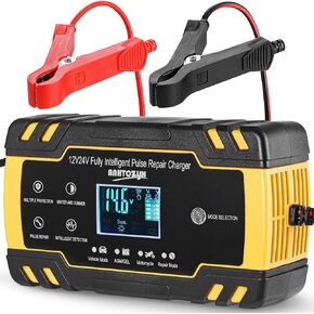 Car Battery Charger (12V / 8A, 24V / 4A), Automotive Trickle Charger for Lead Acid Batteries, LCD Display w/ 4 Charging Modes, Automobile Maintainer for Car, Motorcycle, Truck & Mower