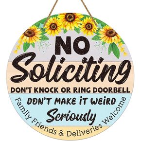 WaaHome Funny No Soliciting Sign for House, 11.3" Sunflower Family Friends & Deliveries Welcome Sign for Home Summer Front Door Wreath Wall Decorations, Farmhouse No Soliciting Sign for Home Decor