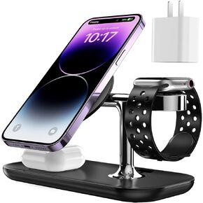 3 in 1 Wireless Charger for MagSafe, MAKAQI Magnetic Wireless Charging Station for iPhone 15/14/13/12,Apple Watch, AirPods 3/2/Pro（Cable and Wall Charger Included）
