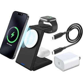 3-in-1 Charging Station, MagSafe Compatible, Wireless Charging Station for for iPhone, Apple Watch, AirPods(Black, 20W USB-C Charger Included)