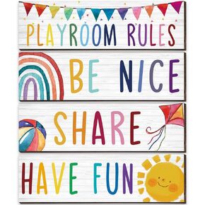 4 Pcs Playroom Sign Kids Playroom Wall Decor Playroom Rules Quotes Sign Be Nice Share Have Fun Wooden Hanging Wall Art Colorful Art Wall Plaque Playroom Decor for Nursery Boys Girls Bedroom (11 x 3'')