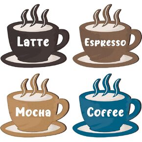 4 Pieces Coffee Wooden Wall Art Decor Coffee Cup Wooden Wall Sign Latte Coffee Espresso Mocha Wood Sign Vintage Coffee Bar Wall Decor Rustic Farmhouse Coffee Shop Decor for Home Cafe Wall Door Decor