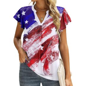 American Flag T Shirt Women USA Star Stripes Fourth July Tee Shirts Ruffle Short Sleeve V Neck T-Shirts Loose Fit Tops