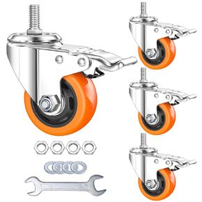 Stem Casters Heavy Duty Swivel Threaded Stem Caster Wheels with American Size 1/2''-13x1'' Thread Dual Locking Wheel with Brakes Pack of 4 (4 inch, with Brake)