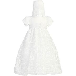 Baby Girl Long White Embroidered Satin Ribbon Tulle Christening Dress with Hat