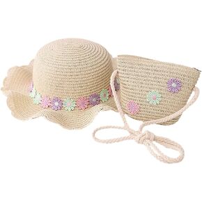 Hat and Bag Set, Toddler Girl Summer Wide Brim Beach Straw Hat with Flower and Shoulder Purse Bag