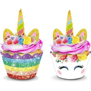 64pcs Unicorn Cupcake Toppers and Wrappers Double Sided for Kids Birthday Baby Shower Theme Party Decorations Supplies Set of 32