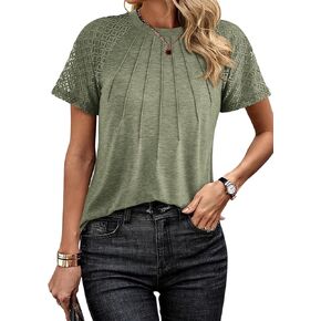KIRUNDO Womens Fashion 2024 Summer Dressy Casual Blouses Lace Short Sleeve Pleated Crewneck Knit Tee Shirts Tunic Tops