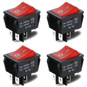 QIYANGBRO(Pack of 4PCS) Rocker Switch 30A 250VAC/35 125VAC KCD2 KCD4 DPST 4 Pin Red Lighted 120V Rocker Toffle Switch ON Off Heavy Duty