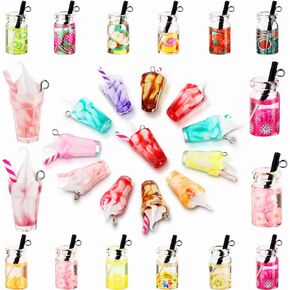 Hicarer 48 Pieces Resin Ice Cream Cup Charms Pendants Colorful Glass Fruit Drink Cup Bottle Charms Fruit Tea Charms Mini Bottle Charm Pendants for DIY Keychain Earring Necklace Jewelry Crafts