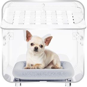 Acrylic Small Pet Crate with Mat Pet Bed, Small Crate Cage for Animal Dog Cat, Plush Bed (Clear)