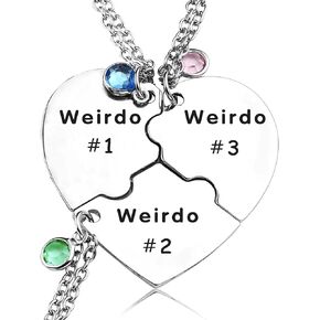 Weirdo 1/2/3 Necklace,Heart BFF Necklace for 3 Best Friends Girls Sisters Friendship