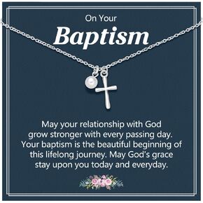 Pearl Cross Necklace for Girls - First Communion, Baptism Gifts for Daughter Granddaughter Goddaughter Niece