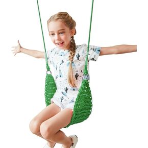 Hand-Knitting Kids Swing, Indoor Outdoor Portable Tree Swing Seat,Adjustable Ropes, with Hanging Strap and Snap Hook for Camping Hiking Backyard Playset and Playroom, Easy Install(Blue)…
