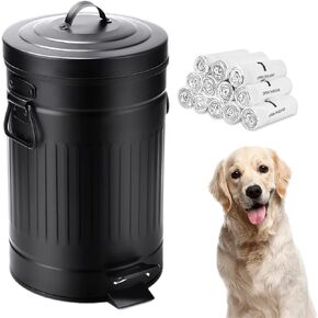 Dog Poop Trash Can with Lid for Outdoors，12-Liter Trash Can with 180PCS Black Plastic Bags, Pet Waste Container，Black-Y+180BK