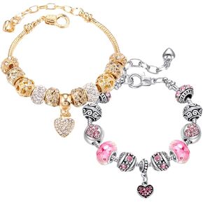 2 Pack Girls' Charm Bracelets Pink and Gold Heart Silver Plated Charm Bracelet, DIY Jewelry for Women and Girls Gifts, with Beads, Crystal, Charms, Love and Adjustable Snake Chain, Fits 7.5"+1.5"