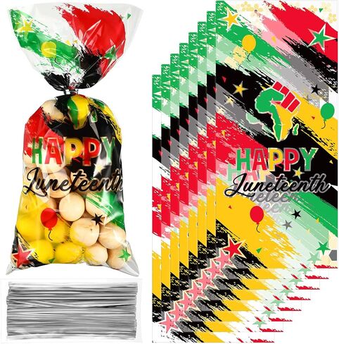 100 Pcs Juneteenth Party Cellophane Treat Bags Red Yellow Green Black Plastic Goody Gift Candy Bags with Silver Twist Ties for African Afro American Festival Celebration Happy Juneteenth Jamboree in Saudi Arabia