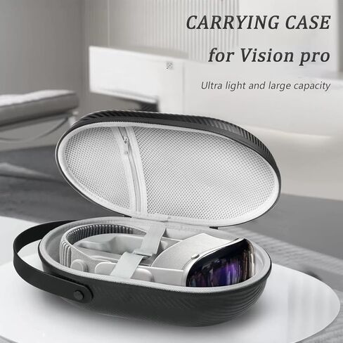 حقيبة حمل صلبة من ألياف الكربون EVA لهاتف Apple Vision Pro مع مساحة تخزين مخصصة، حقيبة سفر سوداء محمولة مقاومة للماء وخفيفة الوزن مع جيب شبكي للملحقات in Kuwait