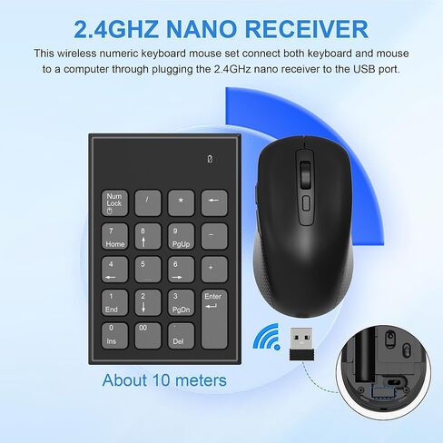 Wireless Number Pad and Mouse Combo - 2.4G 19 Key USB Keyboard Number Pad, 3 Adjustable DPI Mouse, Wireless Mouse and Numeric keypad for Laptop, Notebook, Desktop, PC Computer-Use One USB Receiver in Kuwait
