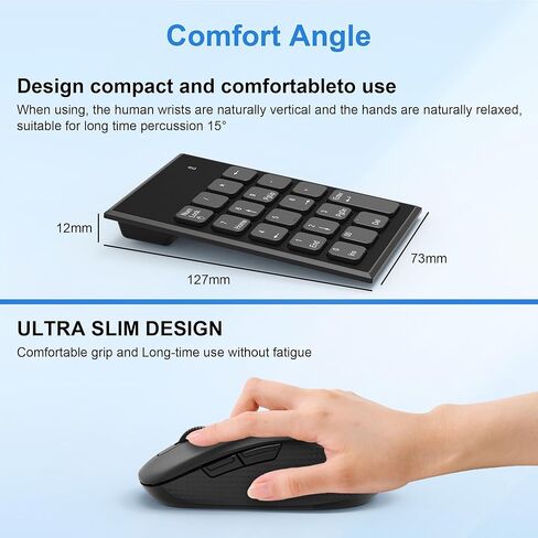 Wireless Number Pad and Mouse Combo - 2.4G 19 Key USB Keyboard Number Pad, 3 Adjustable DPI Mouse, Wireless Mouse and Numeric keypad for Laptop, Notebook, Desktop, PC Computer-Use One USB Receiver in Kuwait