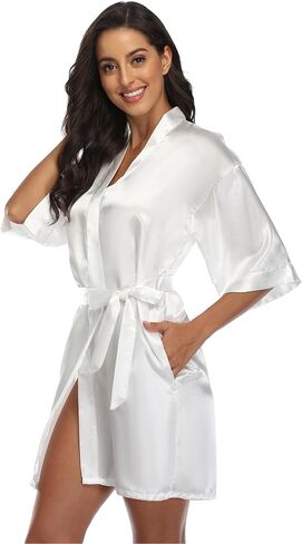 Women's Short Satin Robe Silky Kimono Bathrobe Bride Bridesmaid Wedding Dressing Gowns in Saudi Arabia
