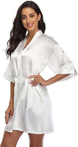 Women's Short Satin Robe Silky Kimono Bathrobe Bride Bridesmaid Wedding Dressing Gowns in Saudi Arabia