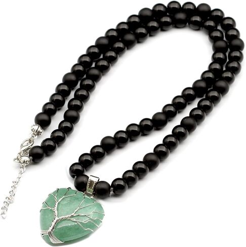 ElisaJewelryArt - Women's Natural Heart Rose Quartz Pendant Necklace Black Onyx Beaded Necklace Genuine Gemstone Peace Stone Clasp Closure Necklace Unisex Necklace (22, Rose Quartz) in Kuwait