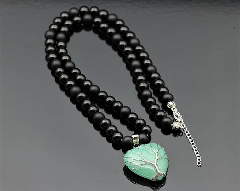 ElisaJewelryArt - Women's Natural Heart Rose Quartz Pendant Necklace Black Onyx Beaded Necklace Genuine Gemstone Peace Stone Clasp Closure Necklace Unisex Necklace (22, Rose Quartz) in Kuwait