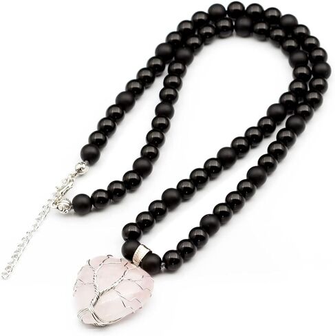 ElisaJewelryArt - Women's Natural Heart Rose Quartz Pendant Necklace Black Onyx Beaded Necklace Genuine Gemstone Peace Stone Clasp Closure Necklace Unisex Necklace (22, Rose Quartz) in Kuwait