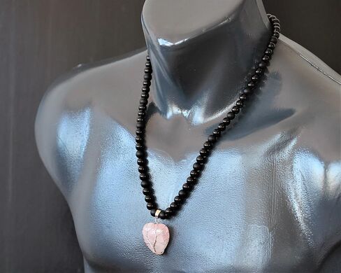 ElisaJewelryArt - Women's Natural Heart Rose Quartz Pendant Necklace Black Onyx Beaded Necklace Genuine Gemstone Peace Stone Clasp Closure Necklace Unisex Necklace (22, Rose Quartz) in Kuwait