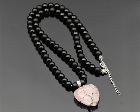 ElisaJewelryArt - Women's Natural Heart Rose Quartz Pendant Necklace Black Onyx Beaded Necklace Genuine Gemstone Peace Stone Clasp Closure Necklace Unisex Necklace (22, Rose Quartz) in Kuwait
