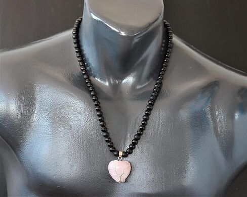 ElisaJewelryArt - Women's Natural Heart Rose Quartz Pendant Necklace Black Onyx Beaded Necklace Genuine Gemstone Peace Stone Clasp Closure Necklace Unisex Necklace (22, Rose Quartz) in Kuwait