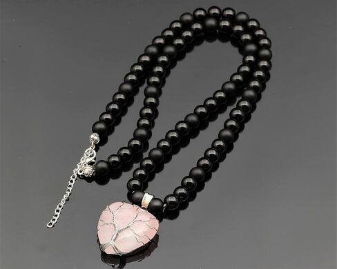 ElisaJewelryArt - Women's Natural Heart Rose Quartz Pendant Necklace Black Onyx Beaded Necklace Genuine Gemstone Peace Stone Clasp Closure Necklace Unisex Necklace (22, Rose Quartz) in Kuwait