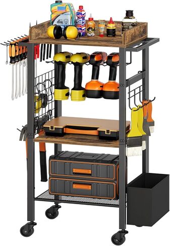 عربة تنظيم الأدوات الكهربائية، 4 حامل مثقاب مع صندوق أدوات، حامل أدوات المرآب رف رف المثقاب مع خطافين جانبيين، متدحرج عالي التحمل، بني ريفي UR02BR in Kuwait