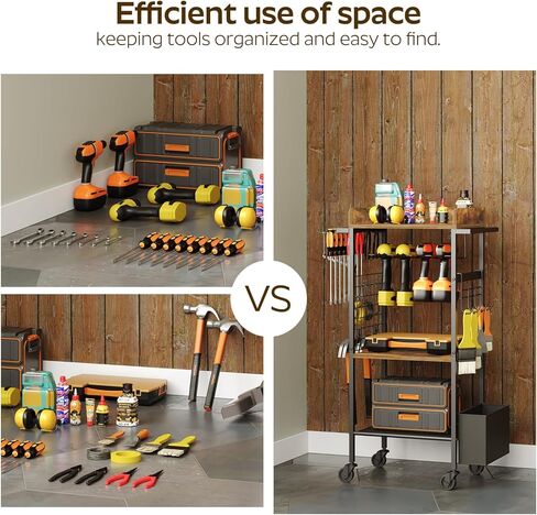 عربة تنظيم الأدوات الكهربائية، 4 حامل مثقاب مع صندوق أدوات، حامل أدوات المرآب رف رف المثقاب مع خطافين جانبيين، متدحرج عالي التحمل، بني ريفي UR02BR in Kuwait