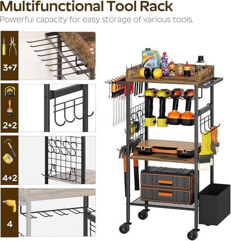 عربة تنظيم الأدوات الكهربائية، 4 حامل مثقاب مع صندوق أدوات، حامل أدوات المرآب رف رف المثقاب مع خطافين جانبيين، متدحرج عالي التحمل، بني ريفي UR02BR in Kuwait