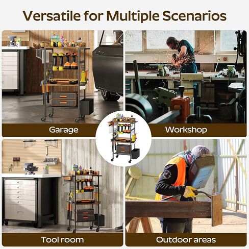 عربة تنظيم الأدوات الكهربائية، 4 حامل مثقاب مع صندوق أدوات، حامل أدوات المرآب رف رف المثقاب مع خطافين جانبيين، متدحرج عالي التحمل، بني ريفي UR02BR in Kuwait