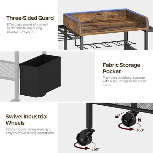 عربة تنظيم الأدوات الكهربائية، 4 حامل مثقاب مع صندوق أدوات، حامل أدوات المرآب رف رف المثقاب مع خطافين جانبيين، متدحرج عالي التحمل، بني ريفي UR02BR in Kuwait