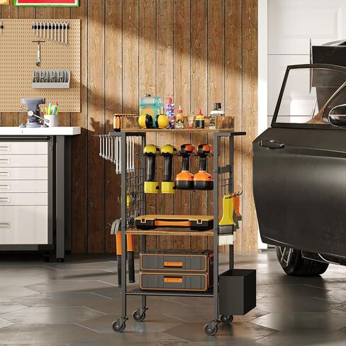 عربة تنظيم الأدوات الكهربائية، 4 حامل مثقاب مع صندوق أدوات، حامل أدوات المرآب رف رف المثقاب مع خطافين جانبيين، متدحرج عالي التحمل، بني ريفي UR02BR in Kuwait