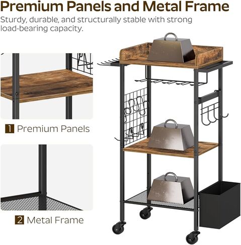 عربة تنظيم الأدوات الكهربائية، 4 حامل مثقاب مع صندوق أدوات، حامل أدوات المرآب رف رف المثقاب مع خطافين جانبيين، متدحرج عالي التحمل، بني ريفي UR02BR in Kuwait