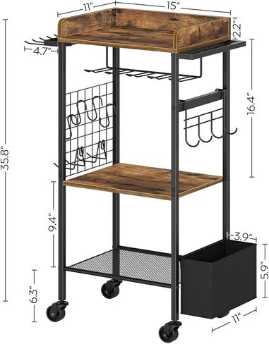 عربة تنظيم الأدوات الكهربائية، 4 حامل مثقاب مع صندوق أدوات، حامل أدوات المرآب رف رف المثقاب مع خطافين جانبيين، متدحرج عالي التحمل، بني ريفي UR02BR in Kuwait