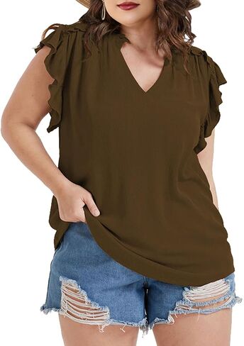 Plus Size Tops for Women V Neck Ruffle Sleeve Blouse Solid Color Tunic Casual Shirts Summer in Saudi Arabia